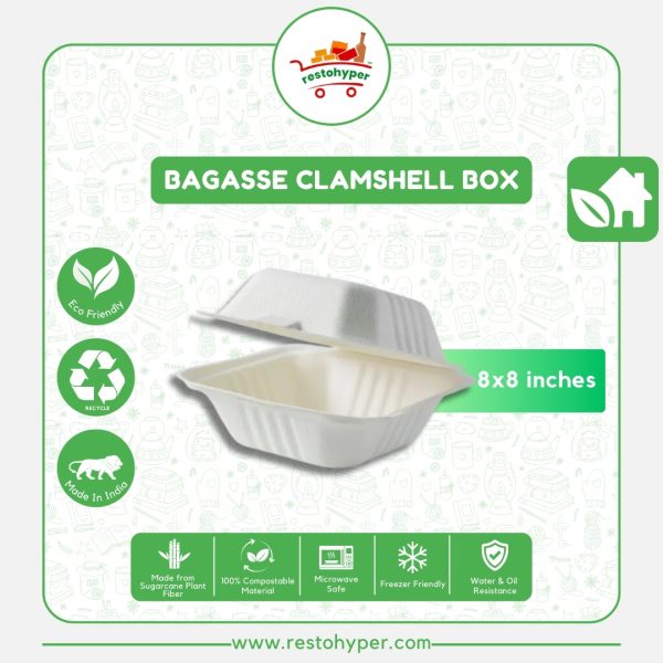 bagasse clamshell box 8 inches